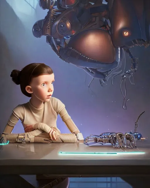 Prompt: weta disney pixar movie still head and torso portrait photo of young millie bobby brown lying on a science fiction table with a white ponytail as thoughtful intricate detailed mechanical plastic cyborg girl by pixar, by weta, wlop, ilya kuvshinov, rossdraws, artgerm, latex, iridescent, bright morning, anime, liosh, mucha