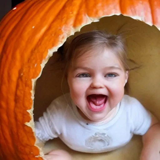 Prompt: a cute happy baby sitting inside a pumpkin. beautiful cute highly detailed face. halloween themed painting by artgerm and greg rutkowski.