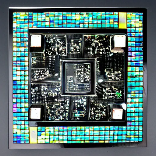 Image similar to black cube on a black background with intricate iridescent mother - of - pearl inlay art in the style of a circuit board