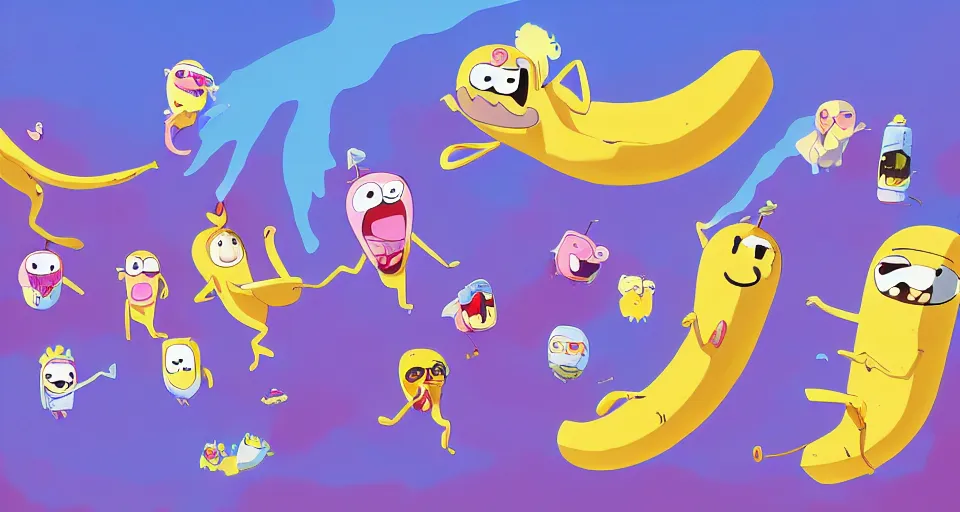 Prompt: cartoon bananas swimming in ice cream, in the style of adventure time, the amazing world of gumball, pixar, toki doki, greg rutkowski and makoto shinkai, trending on artstation