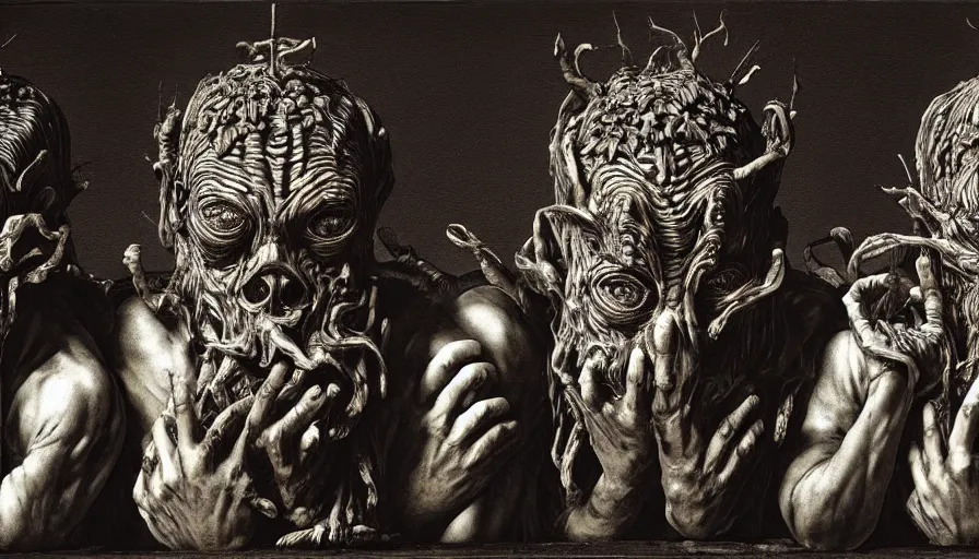Prompt: highly detailed three wise dark rotting gods sit on the trons, see no evil, hear no evil, speak no evil, night, death, fear, horror, religion, monochrome, by caravaggio, hyperrealism, detailed and intricate environment