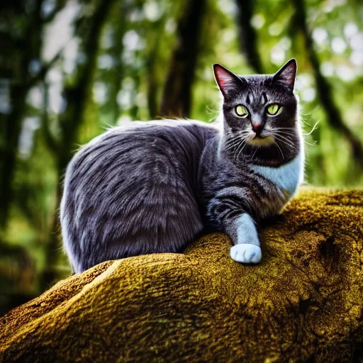 Image similar to cat in deep forest, photorealistic, 4 k, 5 0 mm, bokeh