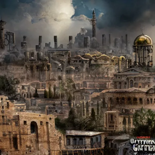 Prompt: epic photo of an ancient Byzantine city surrounded by clouds, Giant imposing steampunk tower, full of strange steampunk statues and murals, full of smoke and dust, hyper real, Indiana Jones, Tomb Raider, trending on artstation, concept art, photorealistic, cinematic, city