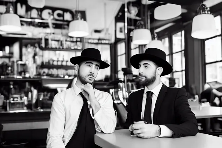 Image similar to still photo of new york men wearing suit and hat at a cafe, black and white color aesthetic, highly detailed, photorealistic portrait, bright studio setting, studio lighting, crisp quality and light reflections, unreal engine 5 quality render