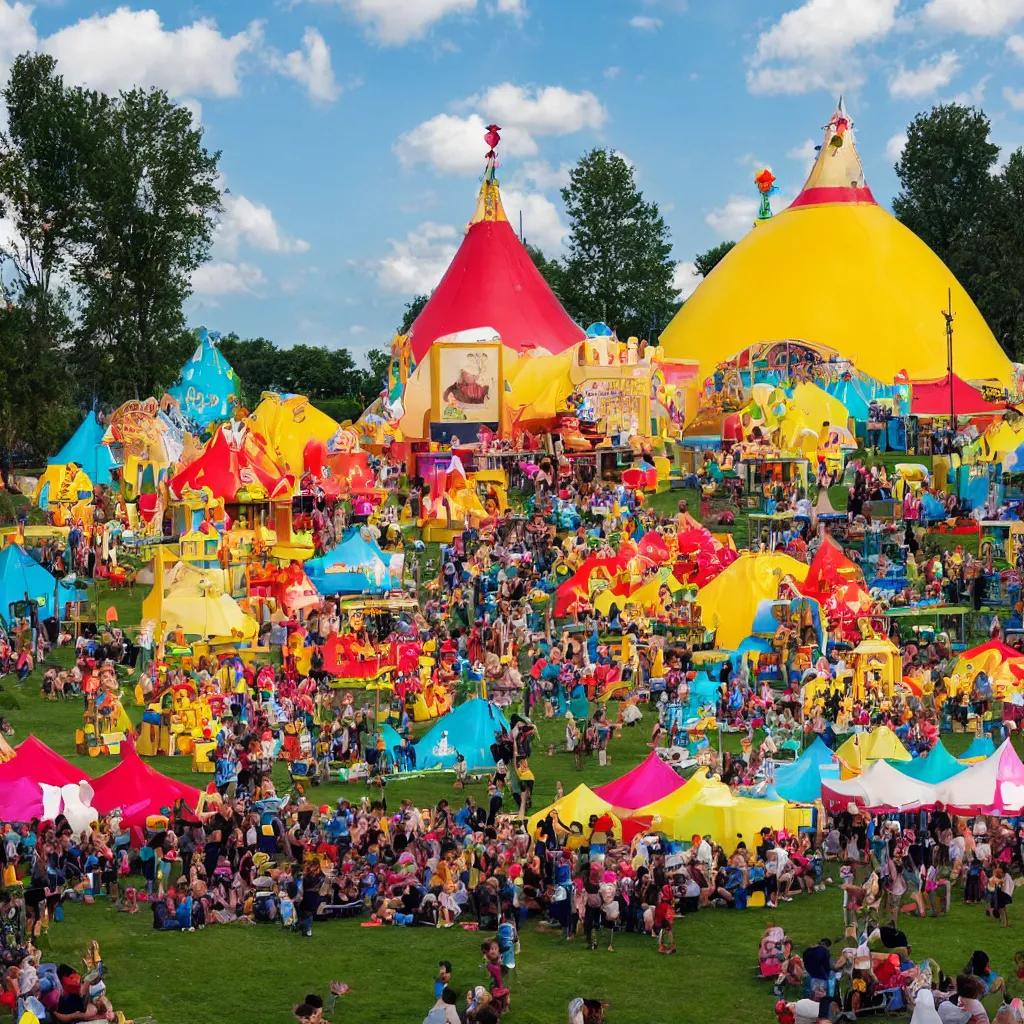 Prompt: festival theme camp called the poppin'kernels, with giant popcorn and movie projector outdoors at night, carnival lighting, outdoor cinema