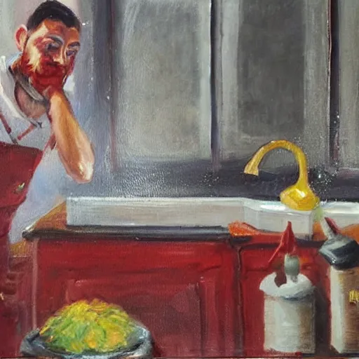 Prompt: oil painting still of kitchen sink full of dirty dishes with red smoke coming out, angry man, high detail