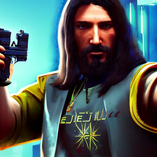 Image similar to Jesus in Cyberpunk 2077 with a pistol, Orthodox icon, handmade, wooden greek christian athos icon , concept art, unreal engine, 4k render, global illumination, blender, cycles, featured on artstation, pixiv