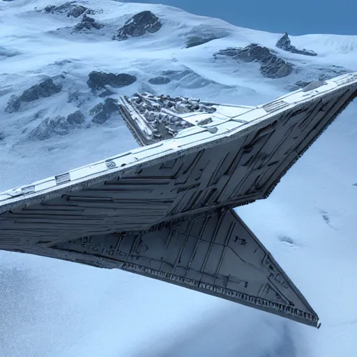 Prompt: star destroyer flying over snow from star wars movies, 4k ultra realistic, unreal engine 5 quality