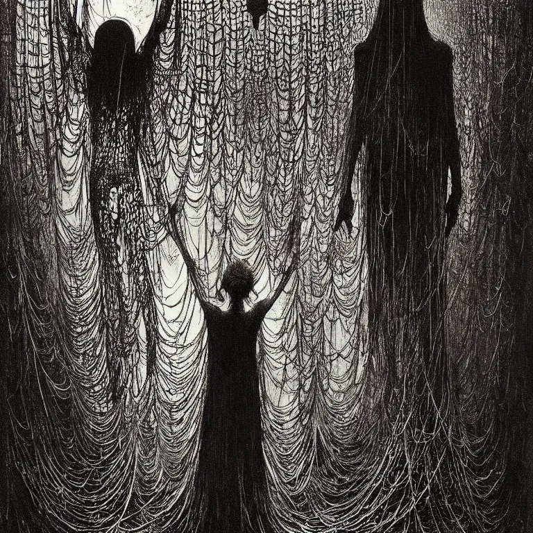 Prompt: a woman standing all covered in spiders. illustration of arachnophobia, fear of spiders, incredible number of spiders and bugs. extremely high details, spider paws, realistic, horror, creepy, web, masterpiece, art by zdzislaw beksinski, arthur rackham, dariusz zawadzki