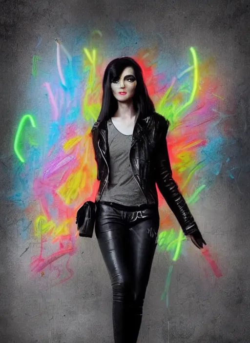 Image similar to a photo of 8 k ultra realistic a black haired female in high heels and a black leather jacket, multicolour neon, art by lise deharme