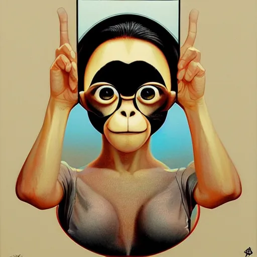 Image similar to lofi monkey in front of a mirror reflecting anger of a human face, symmetrical hands, doctors mirror, Pixar style by Tristan Eaton Stanley Artgerm and Tom Bagshaw, high detail