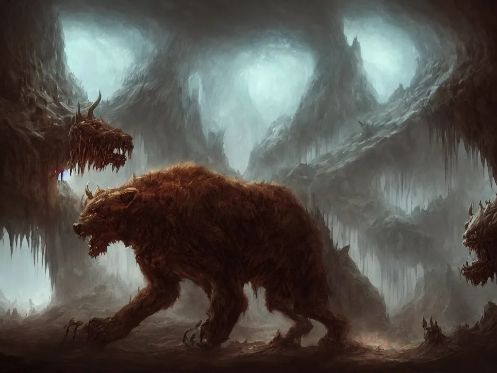 Image similar to prehistoric demonic cave bear in a dream landscape, monster concept art, artstation, ominous night atmosphere, nightmare environment, inspired by witcher monsters, painted by justin gerard and daniel zrom and even amundsen