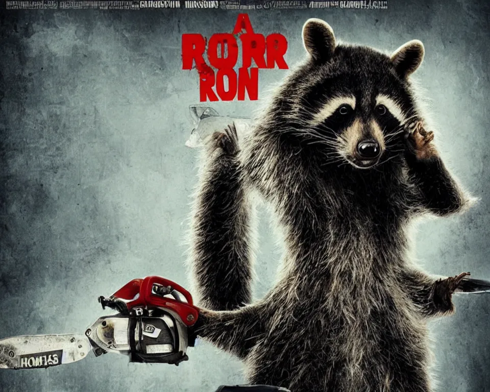 Image similar to a horror movie poster featuring a giant raccoon with a chainsaw