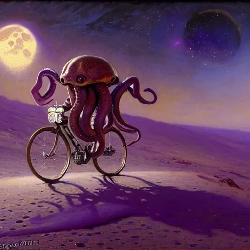 Prompt: a giant purple octopus riding a bicycle on the moon. highly detailed painting by gaston bussiere, greg rutkowski, j c leyendecker 8 k