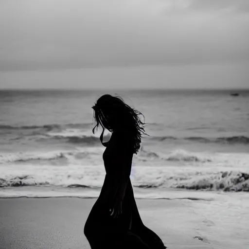Prompt: A visibly melancholic sad and astonishingly beautiful woman walking over the ocean surface. tumultuous sea. cloudy. long wavy hair. long wavy white dress. black and white. 24mm lens. shutter speed 1/30. iso 350. f/5.6 W-1024