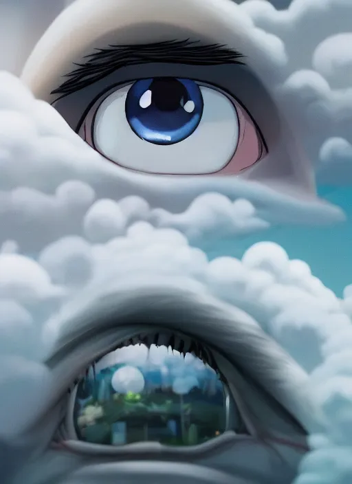 Image similar to detailed eye in the clouds, style of Feng Zhu, studio ghibli, Artstation, unique features, clean, octane render, cinematic, 8k, retro sci fi film,