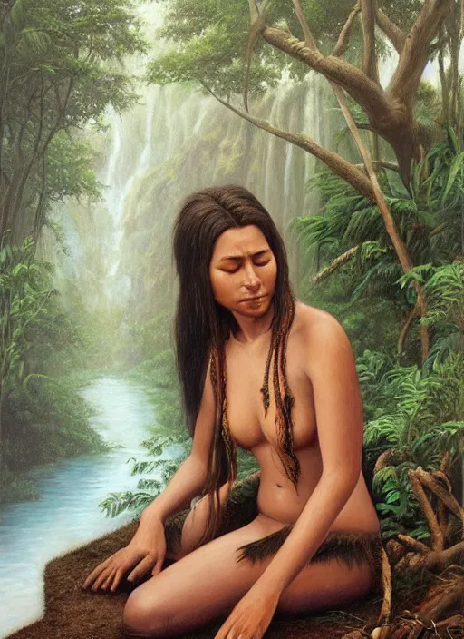 Prompt: a realistic painting of an indigenous female shaman relaxing near a river in the amazon jungle, gazing at the water, highly detailed, art by christophe vacher