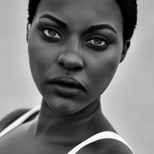 Prompt: portrait face of a curvy beautiful gorgeous black edgy model girl with short hair, bikini, big leaps, blue eyes, she's sad, sunset, street of africa at night, 8 0 mm lens, 1. 2 aperture, grainy image, close up, cinematic light, 8 k, 4 k, very detailed, depressing atmosphere, cover magazine