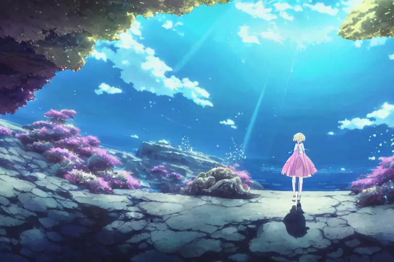 Image similar to a panorama distant view under the water, underwater world, anime art full body portrait character concept art, hyper detailed cg rendering of a cute girl and whale, anime key visual of violet evergarden, finely detailed perfect face, style of raphael lacoste, makoto shinkai, violet evergarden, studio ghibli, james jean, hayao miyazaki, extremely high quality artwork