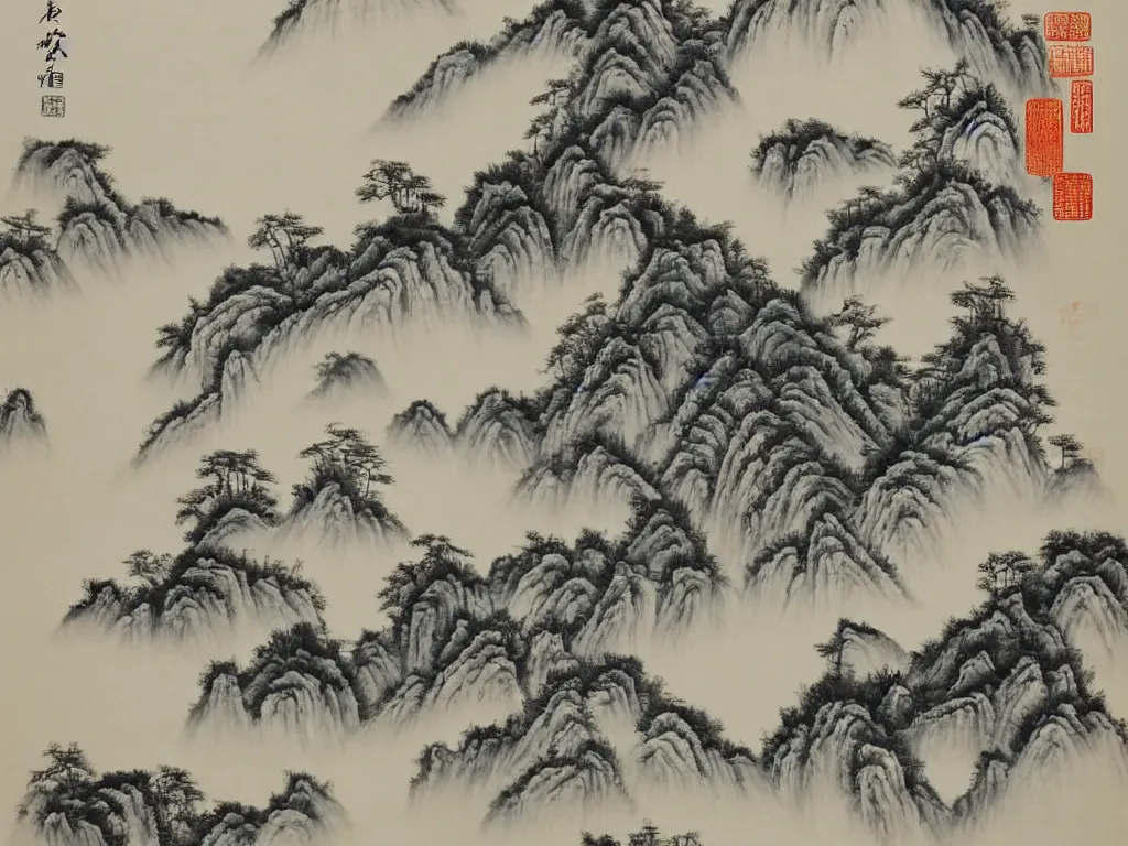 Image similar to Chinese painting, landscape, ink effect
