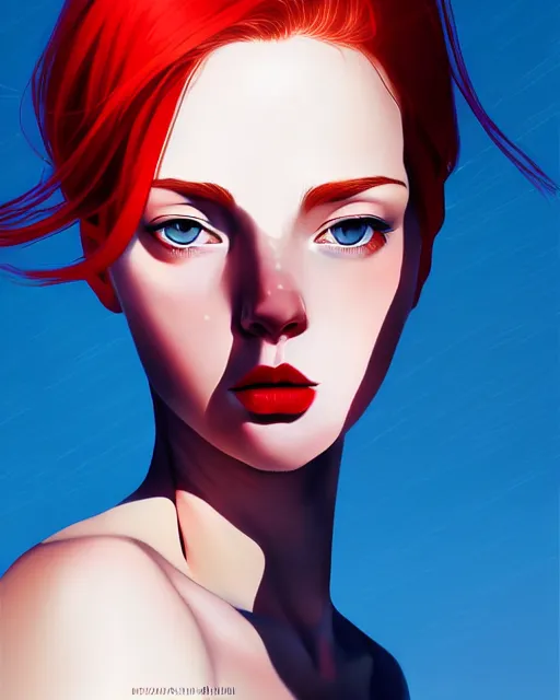 Image similar to a detailed portrait of an attractive!! woman with red hair and freckles by ilya kuvshinov, digital art, dramatic lighting, dramatic angle