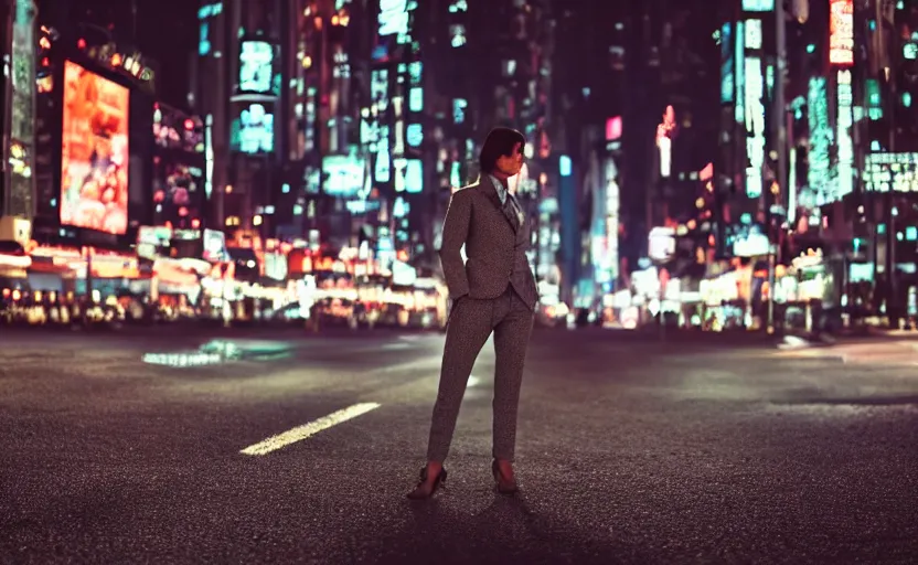 Image similar to a wide shot of a woman with a wool suit, blurred face, wearing an omega speedmaster on her wrist in a dystopian city at night with cyberpunk lights