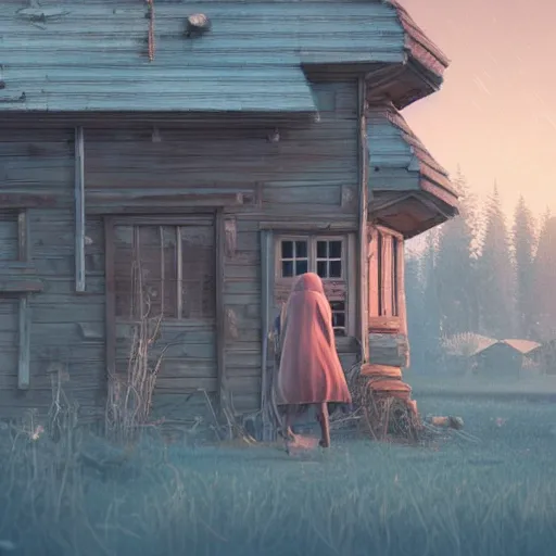 Image similar to woman leaving her wooden broken house by simon stålenhag, very highly detailed, award winning, rendered by Beeple, by Makoto Shinkai, syd meade, starwars, space art concept, digital art, unreal engine, blender, WLOP, trending on artstation, 4K UHD image, octane render