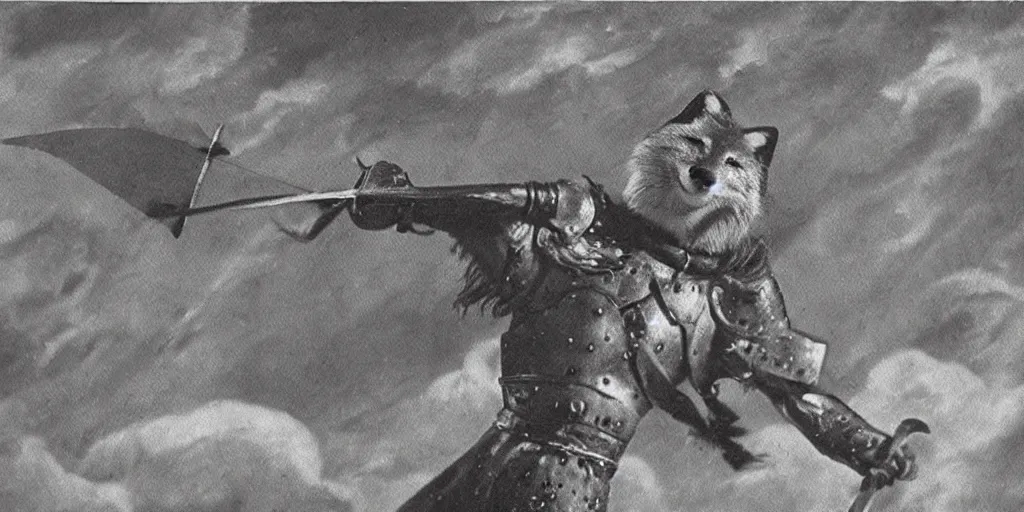 Prompt: anthropomorphic fox who is a medieval knight pointing a sword towards a stormy thundercloud 1 9 3 0 s film still