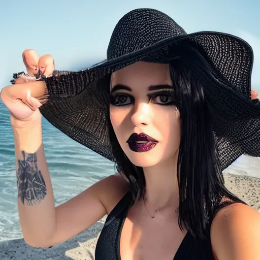 Image similar to photorealistic instagram high detail photo of a well developed goth girl with brunette hair and bangs wearing a black 2 - piece swimsuit, fishnets, and a large black gothic sunhat at the beach style 4 k