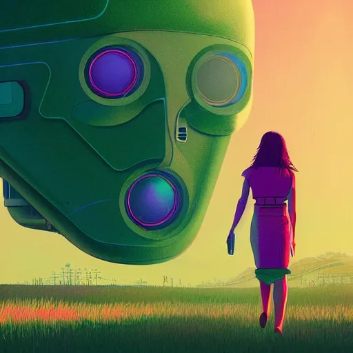 Image similar to a graph - style woman walking across a lush green field, a huge robot head in front of her, cyberpunk art by by james gilleard, cgsociety, retrofuturism, synthwave, retrowave, outrun