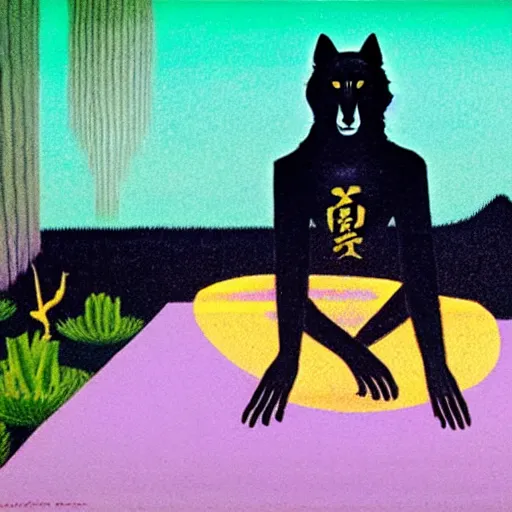 Image similar to an anthromorphic wolf man meditating in a zen garden, by amanda clark and karel thole in a psychedelic style, oil on canvas