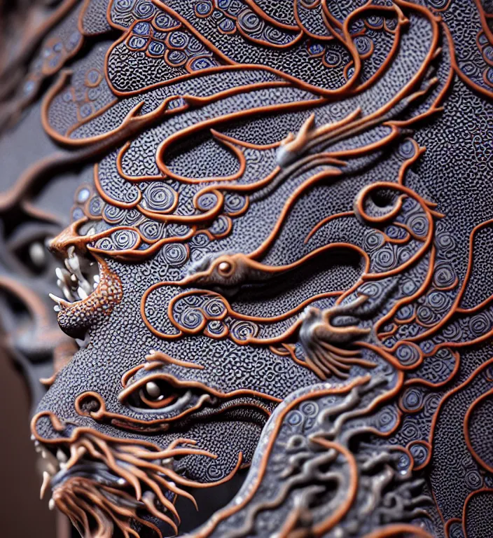 Image similar to Dragon, A Close up photo-real delicate ceramic porcelain sculpture of a symmetrical ornate detailed in front of an intricate background by Victo Ngai and takato yamamoto, micro detail, backlit lighting, face in focus, subsurface scattering, translucent, thin porcelain, octane renderer, colorful, physically based rendering, japanese pottery, trending on cgsociety