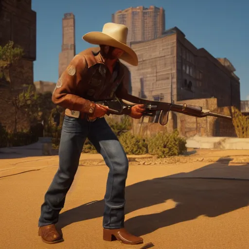 Image similar to a cowboy is shocked, bullets hit him in the chest, he hold a revolver, 4 k hd high quality, octane render, unreal 5, photo taken by a nikon