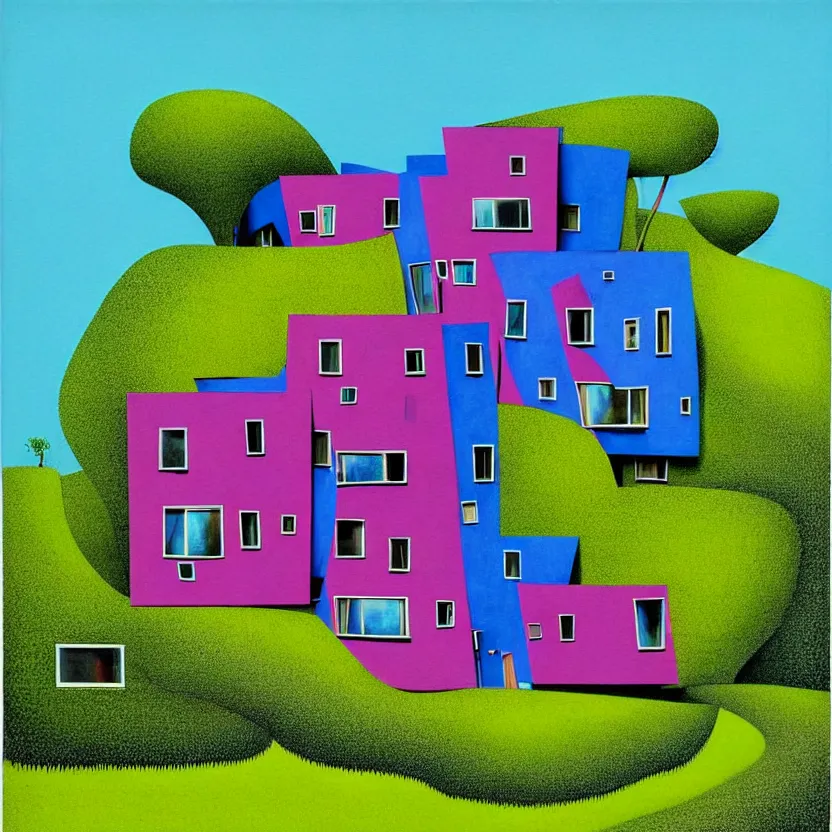 Prompt: surreal glimpse into other universe, a house by frank gehry on an island, summer morning, very coherent and colorful high contrast, art by!!!! gediminas pranckevicius!!!!, geof darrow, floralpunk screen printing woodblock, dark shadows, hard lighting, stipple brush technique,