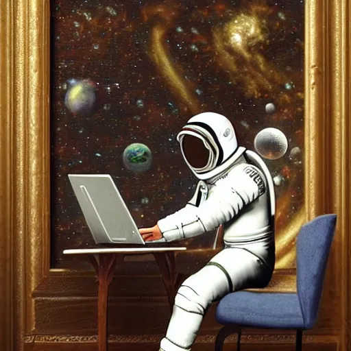 Image similar to an astronaut working on a laptop in an old ornate art gallery. photorealistic. highly detailed.