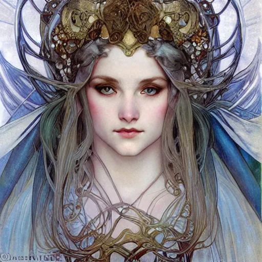 Prompt: realistic detailed face portrait of the goddess of winter, white hair, snow and ice, by Alphonse Mucha, Amano, Charlie Bowater, Karol Bak, Greg Hildebrandt, Jean Delville, and Mark Brooks, Art Nouveau, Neo-Gothic, gothic, rich deep moody colors