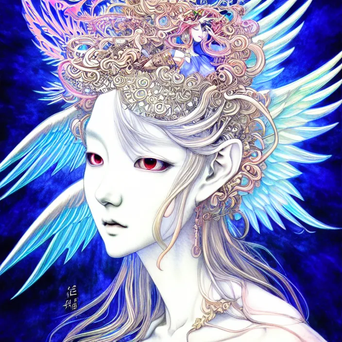 Prompt: stylized art of an psychedelic angelic celestial being by jung gi kim, trending on pixiv, anime style, winged head, white gold skin, ayahuasca, sacred geometry, esoteric art, watercolor