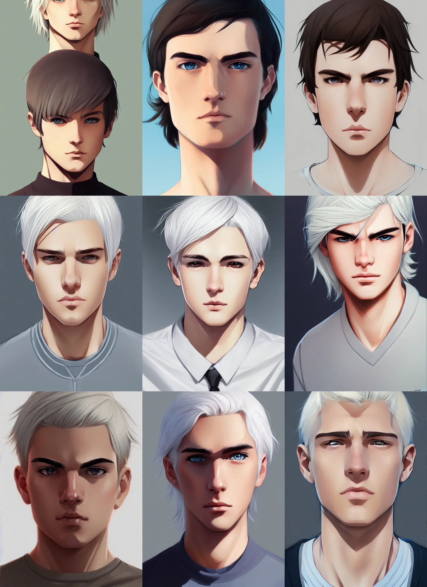 Prompt: portrait art by phil noto, young male, white hair, beautiful face, symmetrical face, beautiful eyes, semi realistic anime, anime! 4 k