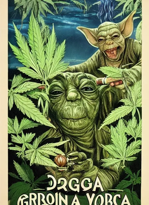 Prompt: vintage tourism poster for dagobah, depicting stoned yoda using force powers to smoke a blunt, surrounded by cannabis plants,