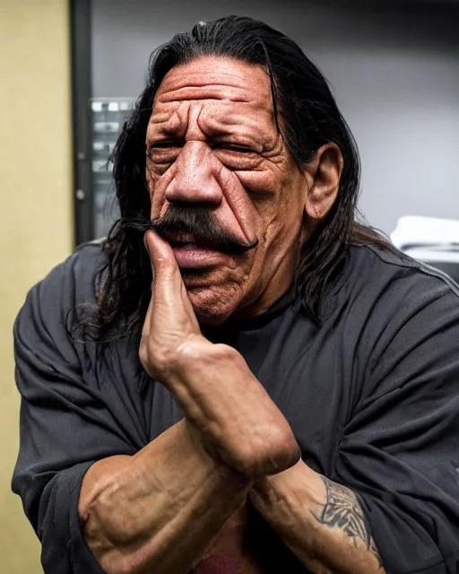 Prompt: danny trejo crying in a server room, realistic, moody grindhouse, dark