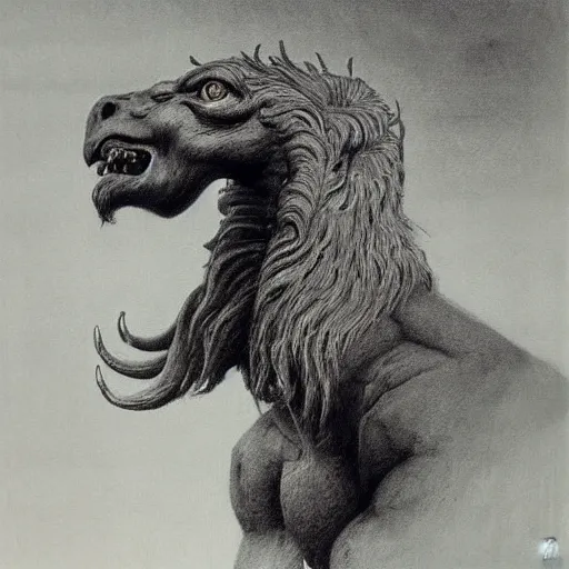 Prompt: creature with with four faces : eagle, bull, man, lion. drawn by zdzislaw beksinski