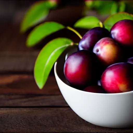 Image similar to photo of a thick porcelain bowl filled with a few moist freshly picked plums on a wooden table. volumetric lighting. 4 k. small scale. realistic. top down.