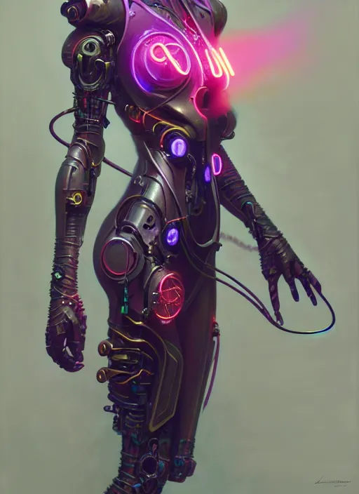 Prompt: neon cyborg, diffuse lighting, fantasy, intricate, elegant, highly detailed, lifelike, photorealistic, digital painting, artstation, illustration, concept art, smooth, sharp focus, art by John Collier and Albert Aublet and Krenz Cushart and Artem Demura and Alphonse Mucha