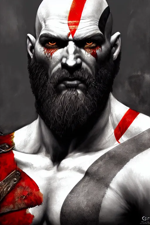 Prompt: god of war kratos half body detailed portrait dnd, painting, brush strokes by gaston bussiere, craig mullins, greg rutkowski, yoji shinkawa