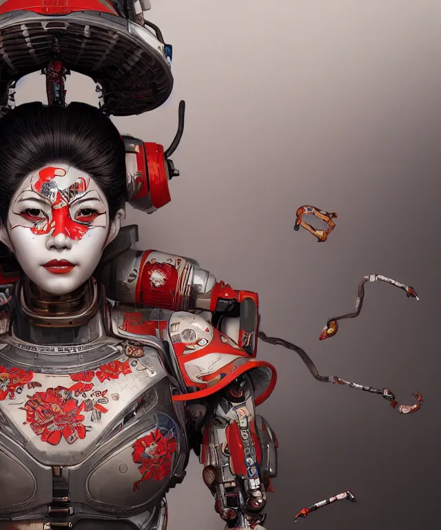 Image similar to an epic fantastic realism comic book style portrait painting of a japanese robotic geisha with kanji tattoos and decals, apex legends, octane render, intricate detail, 4 k hd, unreal engine 5, ex machina, irobot