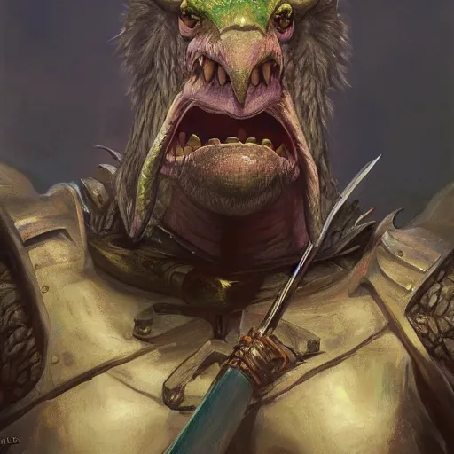 Image similar to barney from barney the dinosaur show as a realistic fantasy d & d knight, closeup portrait art by donato giancola and greg rutkowski, realistic face, digital art, trending on artstation