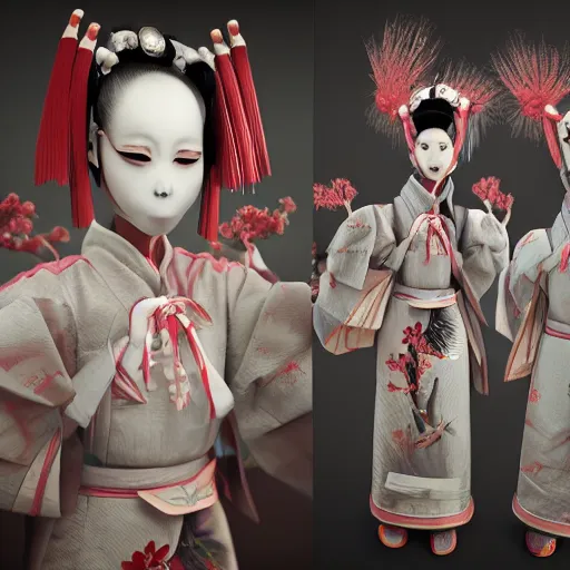 Image similar to japanese android geishas in a ceremony with extremely detailed respirators and head gear, inspired by die antwoord beautiful, hand painted textures, cloth physics, deviantart, karol bak, masamune shirow, black and white, beautiful kawaii lighting, photorealistic, concept art, perfect render, 3 d render, pixar, 8 k