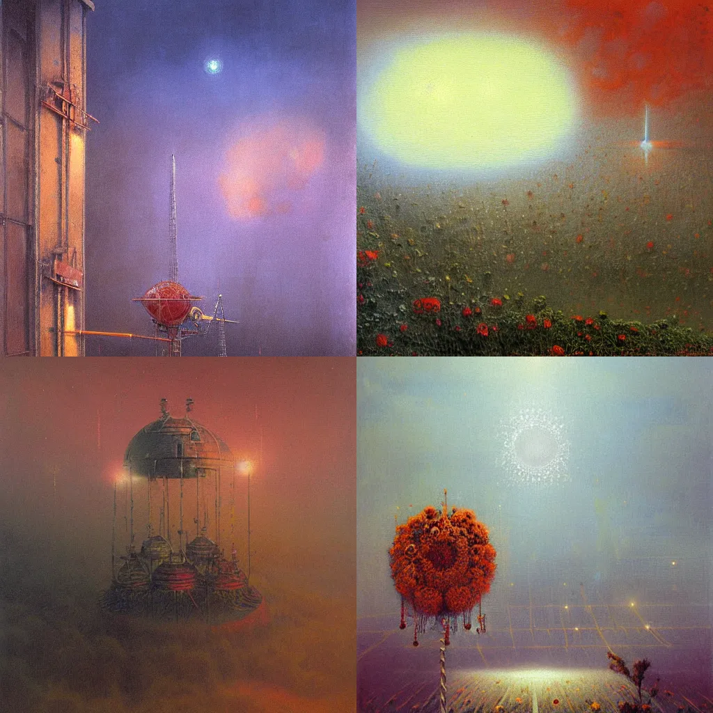 Prompt: detailed painting of a satellite station, exterior, floral ornaments, mystical fog, beam of bright lights through the clouds, beksinski, bougeureau