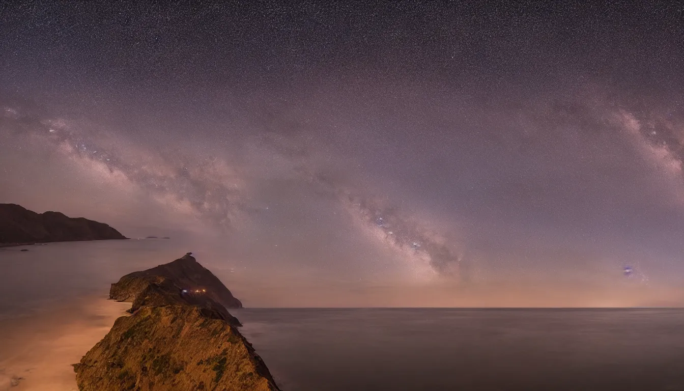 Image similar to coast of Lima, Peru at dusk with a Milky Way sky photographed in 4K, photorealistic