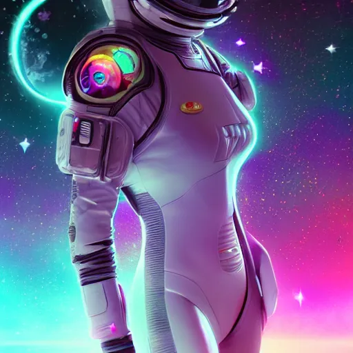 Image similar to a picture of a beautiful woman in a futuristic feminine spacesuit flying through space with galaxies in the back from far away, epic lighting, digital art, vector art, artwork by beeple and lisa frank, fantasy, intricate, highly detailed, artstation, octane render